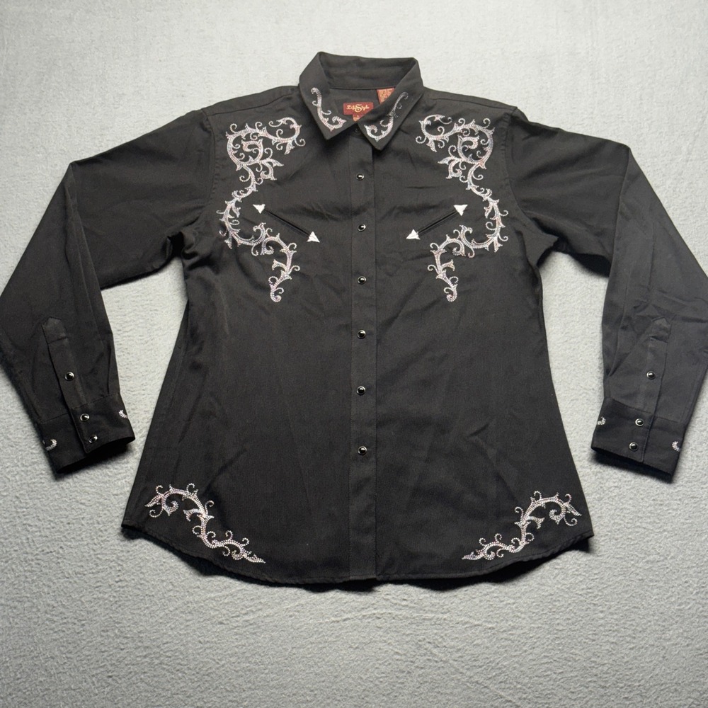 LifeStyle Western Shirt Womens Large Black Embroidered Snap Button Long Sleeve L